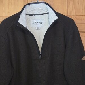 ORVIS Fleece Sweater Mens Medium Brown Sherpa Lined Quarter Zip Sweatshirt